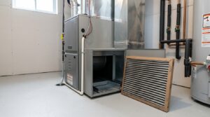 Filtre plissé retiré du compartiment d’une fournaise résidentielle pour une vérification d’entretien