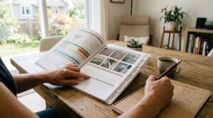 Personne en train de lire un rapport d’inspection au complet, avec un carnet et un crayon, sur une table
