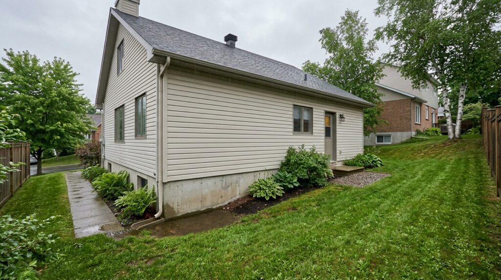Terrain résidentiel incliné vers les fondations d’une maison après une pluie